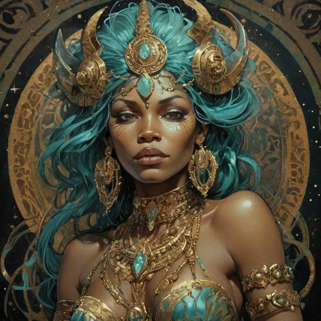 Prompt: African, Cyan and gold, Jeweled, female Demon, with freckles, in Simon Bisley style, dark lighting, at night