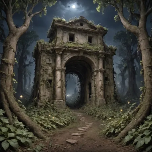 Prompt: forest with ruins covered in vines in a clearing, night time, fireflies, shrubs, dramatic lighting