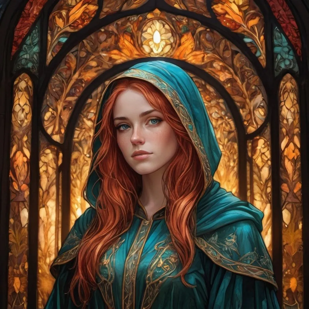 Prompt: lineart, light red hair, aqua eyes, golden highlights, freckled female wearing embroidered dark hooded robes and a circlet standing in front of dark forest, wet hair, backlit, high contrast