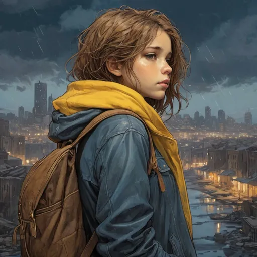 Prompt: line art, blue and yellow, brown hair, dirty skinny scavenger child wearing a leather hoodie, torn clothing, in front of a modern destroyed city, sad, wet hair, backpack, dark lighting