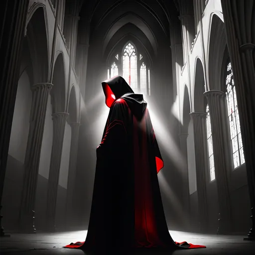 Prompt: portrait, backlit, figure wearing hooded red black and white robes, standing inside of a dark cathedral, high contrast, dramatic shadows