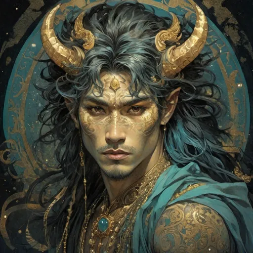 Prompt: Asian, Cyan and gold, Jeweled, male Demon, with freckles, in Simon Bisley style, dark lighting, at night