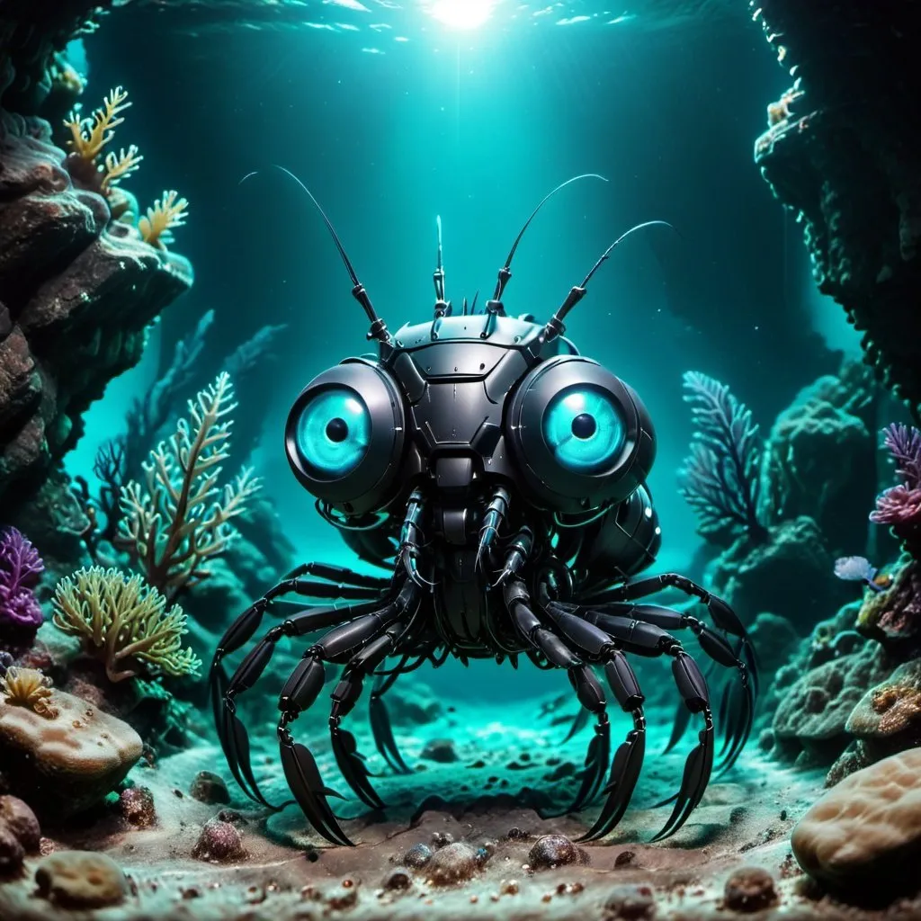 Prompt: black metal robotic shrimp with glowing cyan eyes underwater, ruins, rock mountains, reef, weeds, dramatic dark lighting