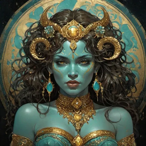 Prompt: Latino, Cyan and gold, Jeweled, female Demon, with freckles, in Simon Bisley style, dark lighting, at night