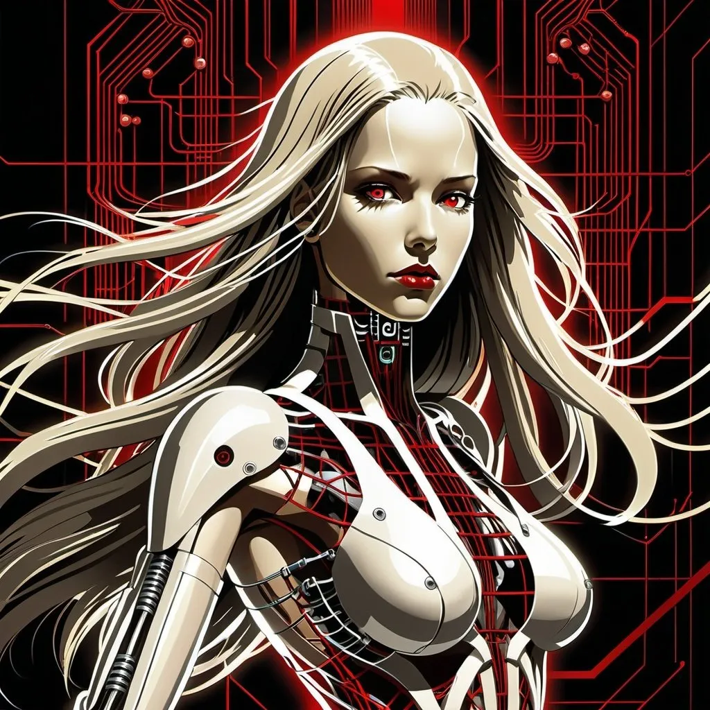 Prompt: art deco background, light colored long hair, liquid metal anime AI worldmind, female,  technological implants, advanced technology, grid, wires, circuits, dark shadows, high contrast, red dramatic lighting, running, simon bisley style