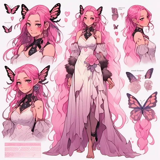 Prompt: <mymodel>Character design sheet, Lady with a white cocktail dress that has a gradient into pink at the bottom, Long pink hair with the top braided, Has a pink faux fur scarf atop her shoulders which wraps around her arms, Large chest and heart shaped chest window, Pink iris with heart shaped pupils, Sparkly butterfly wings on back