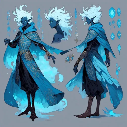 Prompt: <mymodel>Character design sheet, A wind elemental made of storm clouds, wearing an ocean blue cloak with many swirling symbols on it, has some light armor underneath