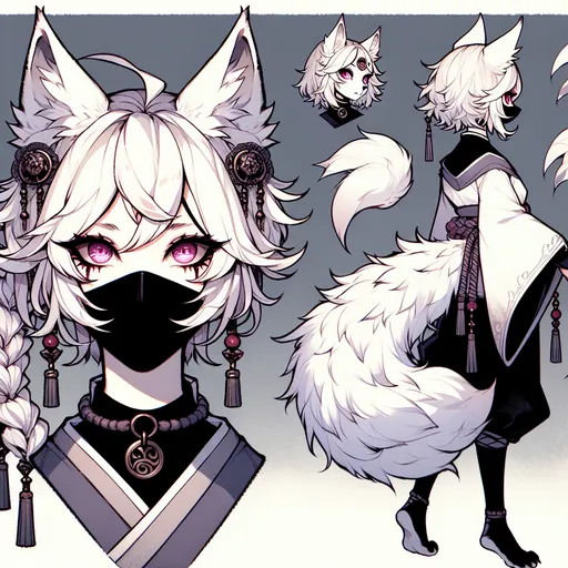 Prompt: Fantasy Character art, Character design sheet, Pathfinder, Female Kitsune, white fluffy hair, white fox ears, 7 white fox tails, dim pink glowing eyes, dark face mask, Jester, Ink Style,  concept art, Human Kitsune, Japanese Features,