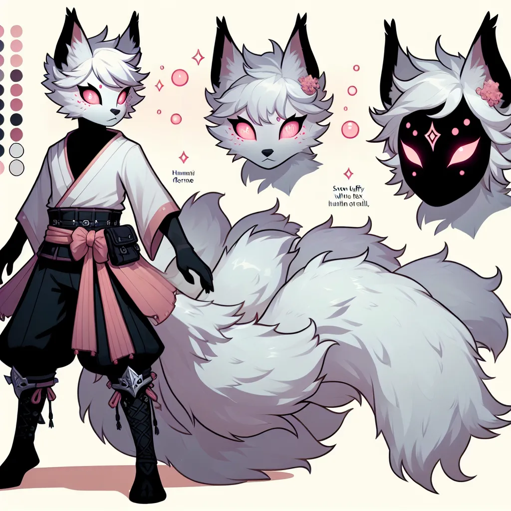 Prompt:  Fantasy Character art, Character design, Pathfinder, Kitsune, white fluffy hair, white fox ears, 7 white fox tails, dim pink glowing eyes, black mask, Jester, Fan Qi,  concept art, Humanoid Kitsune,