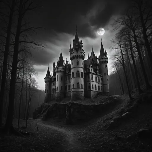Prompt: Gothic castle and forest black and white in darkness