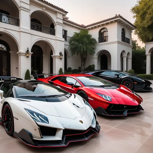 Prompt: (Lamborghini Veneno and Lamborghini Aventador SVJ and 2 Bugatti Chirons), parked elegantly outside an opulent penthouse, (majestic architecture), sprawling yard, shimmering pool, (luxurious setting), vibrant sunset reflecting off cars, rich colors, (ultra-detailed), high-end vehicles showcasing sleek designs and powerful stances, inviting atmosphere, (4K), emphasized luxury and grandeur. A lot of white and black supercars surrounding the property. All cars are Black mix with red, no other colors. The mansion is dark green.