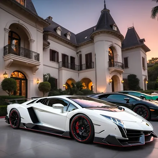 Prompt: (Lamborghini Veneno and Lamborghini Aventador SVJ and 2 Bugatti Chirons), parked elegantly outside an opulent, dark green penthouse, (majestic architecture), sprawling yard, shimmering pool, (luxurious setting), vibrant sunset reflecting off cars, rich colors, (ultra-detailed), high-end vehicles showcasing sleek designs and powerful stances, inviting atmosphere, (4K), emphasized luxury and grandeur. A lot of white and black supercars surrounding the property. All cars are Black mix with red, no other colors.