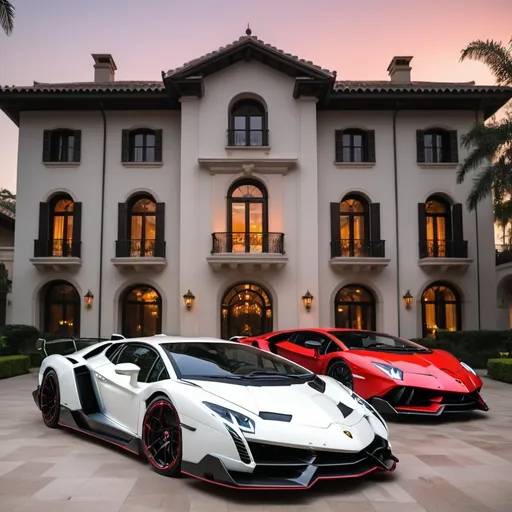 Prompt: (Lamborghini Veneno and Lamborghini Aventador SVJ and 2 Bugatti Chirons), parked elegantly outside an opulent, massive penthouse, (majestic architecture), sprawling yard, shimmering pool, (luxurious setting), vibrant sunset reflecting off cars, rich colors, (ultra-detailed), high-end vehicles showcasing sleek designs and powerful stances, inviting atmosphere, (4K), emphasized luxury and grandeur. A lot of white and black supercars surrounding the property. All cars are Black mix with red, no other colors.