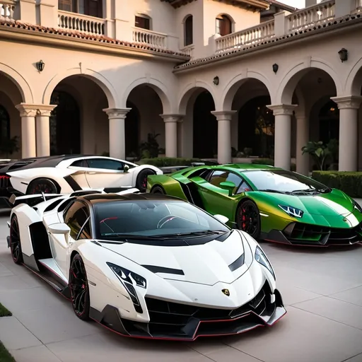 Prompt: (Lamborghini Veneno and Lamborghini Aventador SVJ and 2 Bugatti Chirons), parked elegantly outside an opulent, dark green penthouse, (majestic architecture), sprawling yard, shimmering pool, (luxurious setting), vibrant sunset reflecting off cars, rich colors, (ultra-detailed), high-end vehicles showcasing sleek designs and powerful stances, inviting atmosphere, (4K), emphasized luxury and grandeur. A lot of white and black supercars surrounding the property. All cars are Black mix with red, no other colors.