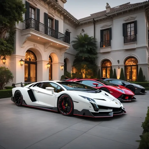 Prompt: (Lamborghini Veneno and Lamborghini Aventador SVJ and 2 Bugatti Chirons), parked elegantly outside an opulent, dark green penthouse, (majestic architecture), sprawling yard, shimmering pool, (luxurious setting), vibrant sunset reflecting off cars, rich colors, (ultra-detailed), high-end vehicles showcasing sleek designs and powerful stances, inviting atmosphere, (4K), emphasized luxury and grandeur. A lot of white and black supercars surrounding the property. All cars are Black mix with red, no other colors.