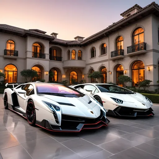 Prompt: (Lamborghini Veneno and Lamborghini Aventador SVJ and 2 Bugatti Chirons), parked elegantly outside an opulent penthouse, (majestic architecture), sprawling yard, shimmering pool, (luxurious setting), vibrant sunset reflecting off cars, rich colors, (ultra-detailed), high-end vehicles showcasing sleek designs and powerful stances, inviting atmosphere, (4K), emphasized luxury and grandeur. A lot of white and black supercars surrounding the property. All cars are either white or black, no other colors.