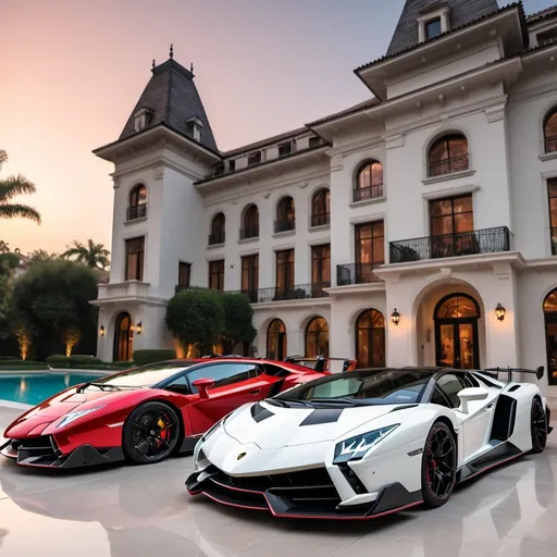 Prompt: (Lamborghini Veneno and Lamborghini Aventador SVJ and 2 Bugatti Chirons), parked elegantly outside an opulent, massive penthouse, (majestic architecture), sprawling yard, shimmering pool, (luxurious setting), vibrant sunset reflecting off cars, rich colors, (ultra-detailed), high-end vehicles showcasing sleek designs and powerful stances, inviting atmosphere, (4K), emphasized luxury and grandeur. A lot of white and black supercars surrounding the property. All cars are Black mix with red, no other colors.