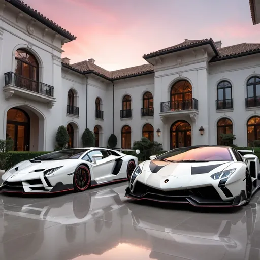 Prompt: (Lamborghini Veneno and Lamborghini Aventador SVJ and Mercedes-AMG One), parked elegantly outside an opulent penthouse, (majestic architecture), sprawling yard, shimmering pool, (luxurious setting), vibrant sunset reflecting off cars, rich colors, (ultra-detailed), high-end vehicles showcasing sleek designs and powerful stances, inviting atmosphere, (4K), emphasized luxury and grandeur. A lot of white and black supercars surrounding the property. All cars are either white or black, no other colors.