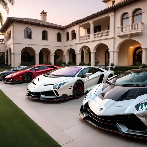 Prompt: (Lamborghini Veneno and Lamborghini Aventador SVJ and Mercedes-AMG One), parked elegantly outside an opulent penthouse, (majestic architecture), sprawling yard, shimmering pool, (luxurious setting), vibrant sunset reflecting off cars, rich colors, (ultra-detailed), high-end vehicles showcasing sleek designs and powerful stances, inviting atmosphere, (4K), emphasized luxury and grandeur. A lot of supercars surrounding the property.