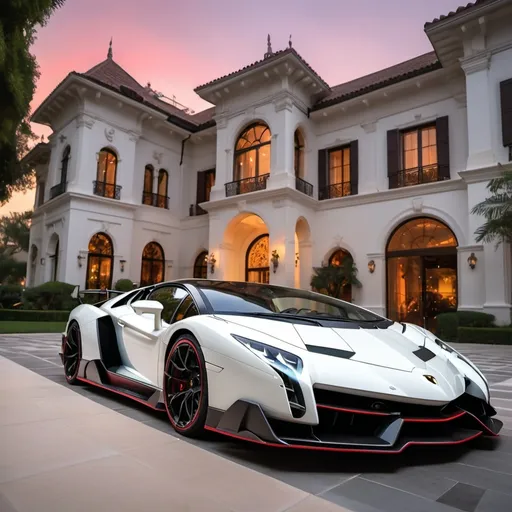 Prompt: (Lamborghini Veneno and Lamborghini Aventador SVJ and 2 Bugatti Chirons), parked elegantly outside an opulent penthouse, (majestic architecture), sprawling yard, shimmering pool, (luxurious setting), vibrant sunset reflecting off cars, rich colors, (ultra-detailed), high-end vehicles showcasing sleek designs and powerful stances, inviting atmosphere, (4K), emphasized luxury and grandeur. A lot of white and black supercars surrounding the property. All cars are Black mix with red, no other colors.