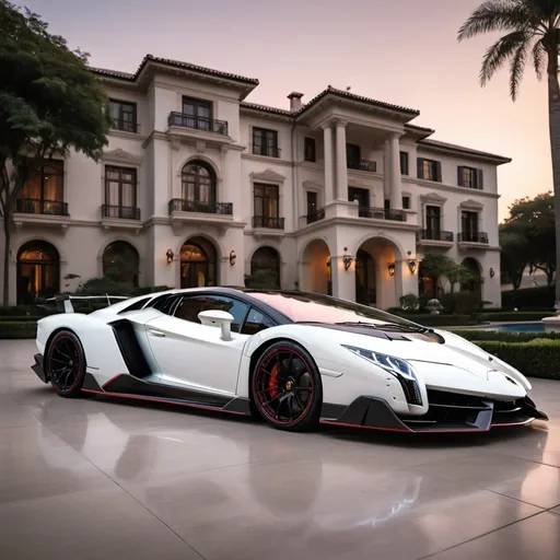 Prompt: (Lamborghini Veneno and Lamborghini Aventador SVJ and 2 Bugatti Chirons), parked elegantly outside an opulent penthouse, (majestic architecture), sprawling yard, shimmering pool, (luxurious setting), vibrant sunset reflecting off cars, rich colors, (ultra-detailed), high-end vehicles showcasing sleek designs and powerful stances, inviting atmosphere, (4K), emphasized luxury and grandeur. A lot of white and black supercars surrounding the property. All cars are either white or black, no other colors.