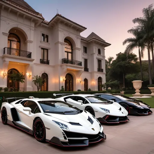 Prompt: (Lamborghini Veneno and Lamborghini Aventador SVJ and 2 Bugatti Chirons), parked elegantly outside an opulent penthouse, (majestic architecture), sprawling yard, shimmering pool, (luxurious setting), vibrant sunset reflecting off cars, rich colors, (ultra-detailed), high-end vehicles showcasing sleek designs and powerful stances, inviting atmosphere, (4K), emphasized luxury and grandeur. A lot of white and black supercars surrounding the property. All cars are either white or black, no other colors.