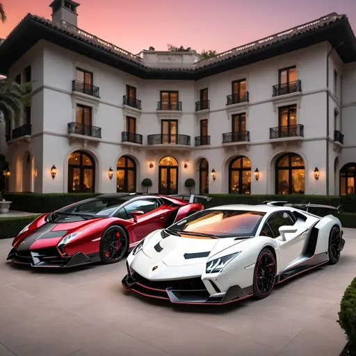 Prompt: (Lamborghini Veneno and Lamborghini Aventador SVJ and 2 Bugatti Chirons), parked elegantly outside an opulent penthouse, (majestic architecture), sprawling yard, shimmering pool, (luxurious setting), vibrant sunset reflecting off cars, rich colors, (ultra-detailed), high-end vehicles showcasing sleek designs and powerful stances, inviting atmosphere, (4K), emphasized luxury and grandeur. A lot of white and black supercars surrounding the property. All cars are Black mix with red, no other colors.