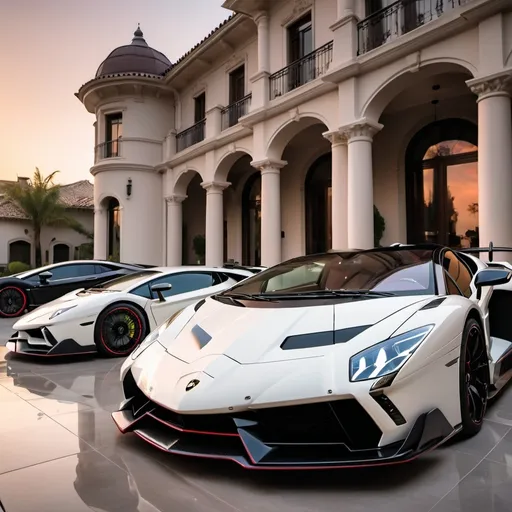 Prompt: (Lamborghini Veneno and Lamborghini Aventador SVJ and Mercedes-AMG One), parked elegantly outside an opulent penthouse, (majestic architecture), sprawling yard, shimmering pool, (luxurious setting), vibrant sunset reflecting off cars, rich colors, (ultra-detailed), high-end vehicles showcasing sleek designs and powerful stances, inviting atmosphere, (4K), emphasized luxury and grandeur. A lot of white and black supercars surrounding the property. All cars are either white or black, no other colors.