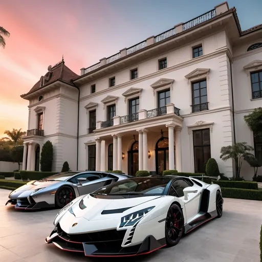 Prompt: (Lamborghini Veneno and Lamborghini Aventador SVJ and 2 Bugatti Chirons), parked elegantly outside an opulent penthouse, (majestic architecture), sprawling yard, shimmering pool, (luxurious setting), vibrant sunset reflecting off cars, rich colors, (ultra-detailed), high-end vehicles showcasing sleek designs and powerful stances, inviting atmosphere, (4K), emphasized luxury and grandeur. A lot of white and black supercars surrounding the property. All cars are Black mix with red, no other colors. The mansion is dark green.
