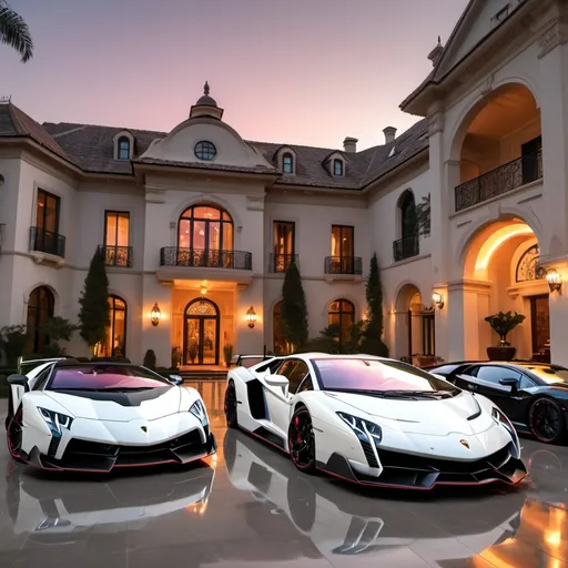 Prompt: (Lamborghini Veneno and Lamborghini Aventador SVJ and 2 Bugatti Chirons), parked elegantly outside an opulent penthouse, (majestic architecture), sprawling yard, shimmering pool, (luxurious setting), vibrant sunset reflecting off cars, rich colors, (ultra-detailed), high-end vehicles showcasing sleek designs and powerful stances, inviting atmosphere, (4K), emphasized luxury and grandeur. A lot of white and black supercars surrounding the property. All cars are Black mix with red, no other colors.