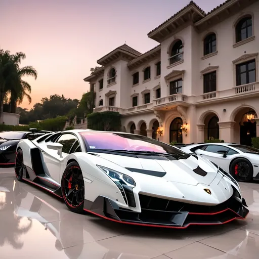 Prompt: (Lamborghini Veneno and Lamborghini Aventador SVJ and 2 Bugatti Chirons), parked elegantly outside an opulent penthouse, (majestic architecture), sprawling yard, shimmering pool, (luxurious setting), vibrant sunset reflecting off cars, rich colors, (ultra-detailed), high-end vehicles showcasing sleek designs and powerful stances, inviting atmosphere, (4K), emphasized luxury and grandeur. A lot of white and black supercars surrounding the property. All cars are either white or black, no other colors.