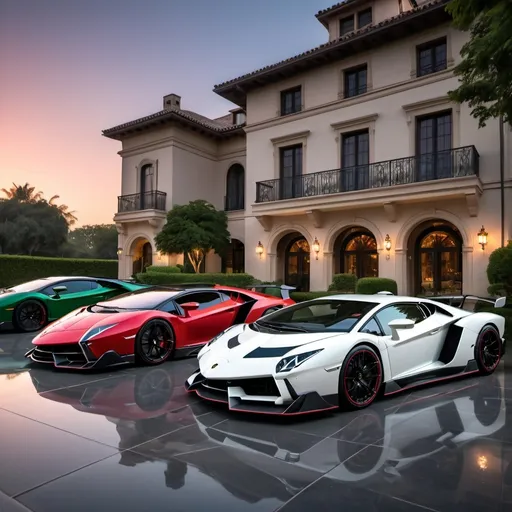 Prompt: (Lamborghini Veneno and Lamborghini Aventador SVJ and 2 Bugatti Chirons), parked elegantly outside an opulent, dark green penthouse, (majestic architecture), sprawling yard, shimmering pool, (luxurious setting), vibrant sunset reflecting off cars, rich colors, (ultra-detailed), high-end vehicles showcasing sleek designs and powerful stances, inviting atmosphere, (4K), emphasized luxury and grandeur. A lot of white and black supercars surrounding the property. All cars are Black mix with red, no other colors.