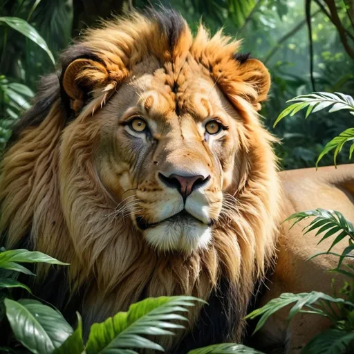 Prompt: Realistic jungle scene with a majestic lion, lush foliage, vibrant colors, high-quality, realism, detailed fur, intense gaze, wildlife, natural lighting, earthy tones, wildlife photography, detailed eyes, dense vegetation, professional, atmospheric lighting