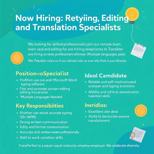 Prompt: Put this in a short PDF file with photos to post on page (Now Hiring: Retyping, Editing, and Translation Specialists
We are looking for skilled professionals to join our remote team for a retyping and editing project. We are also
hiring experienced translators for a variety of language pairs.
Whether you prefer remote work or occasional on-site collaboration, we offer flexible roles tailored to your
lifestyle.
Position Openings
- Retyping Specialist
- Editing Professional
- Translator (Multiple Languages Needed)
Key Responsibilities
- Proficient use of Microsoft Word and typing software
- Fast and accurate typing (50+ WPM)
- Strong written communication in English
- Ability to edit and format content professionally
- Accurate and context-aware translation skills
TransPerfect is an equal opportunity employer. We celebrate diversity.Join Our Team - Remote Opportunities Available!
Ideal Candidate
- Reliable and self-motivated
- Excellent attention to detail
- Ability to work independently
- Culturally aware and 