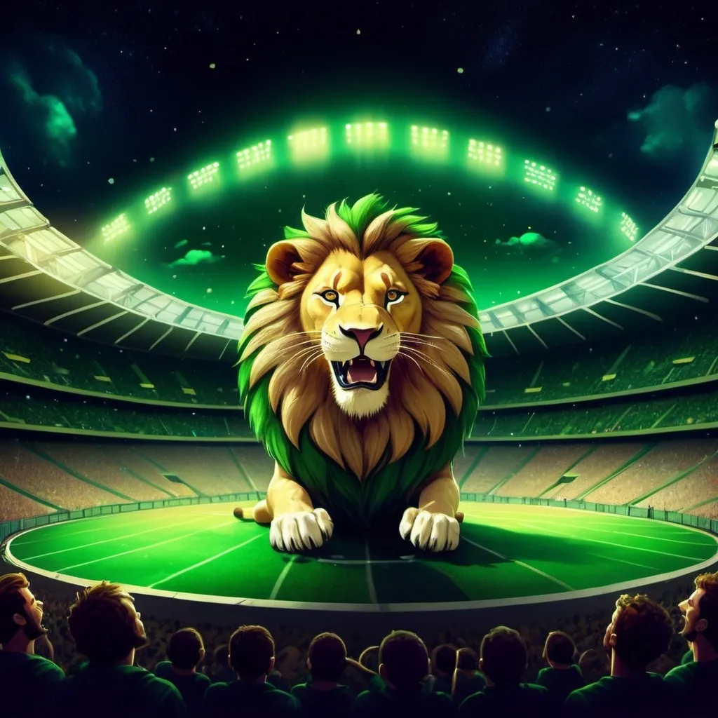 Prompt: Anthropomorphic expressive Lion, half body, placed perfectly on top of a big green oval stadium full of fans, nightime, starry sky