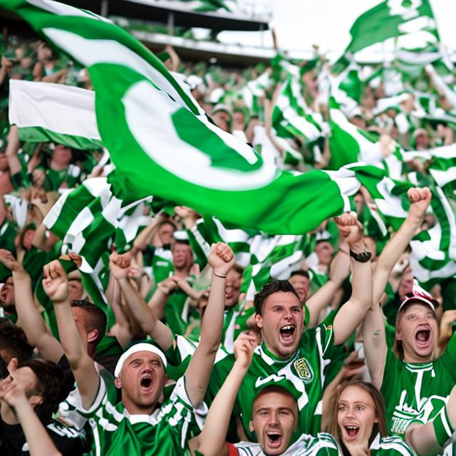 Prompt: SOCCER FANS IN GREEN AND WHITE CHEERING