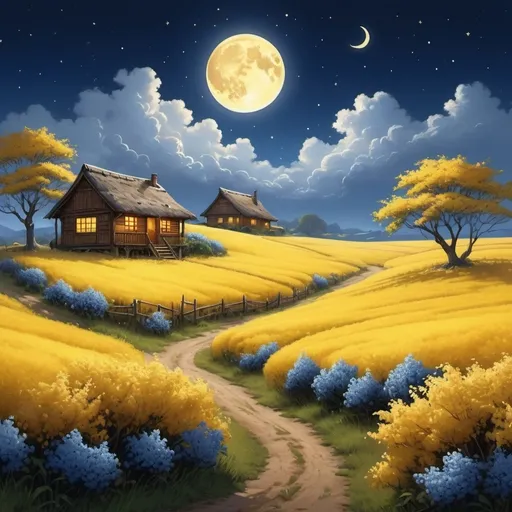 Prompt: (realism), warm color scheme, vibrant yellow field occupying lower third, expansive blue sky above fading into deep blue with twinkling stars, crescent moon partially obscured by wispy cloud, detailed viburnum bush on left, rustic village hut on right, soft serene ambiance, tranquil scene, inviting atmosphere, HD, ultra-detailed.