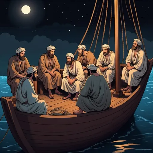 Prompt: there are thirteen men rest in the ship at night. they wear Israel first century style cloth at night. this is succinct cartoon style picture.this men have different style cloth .
 