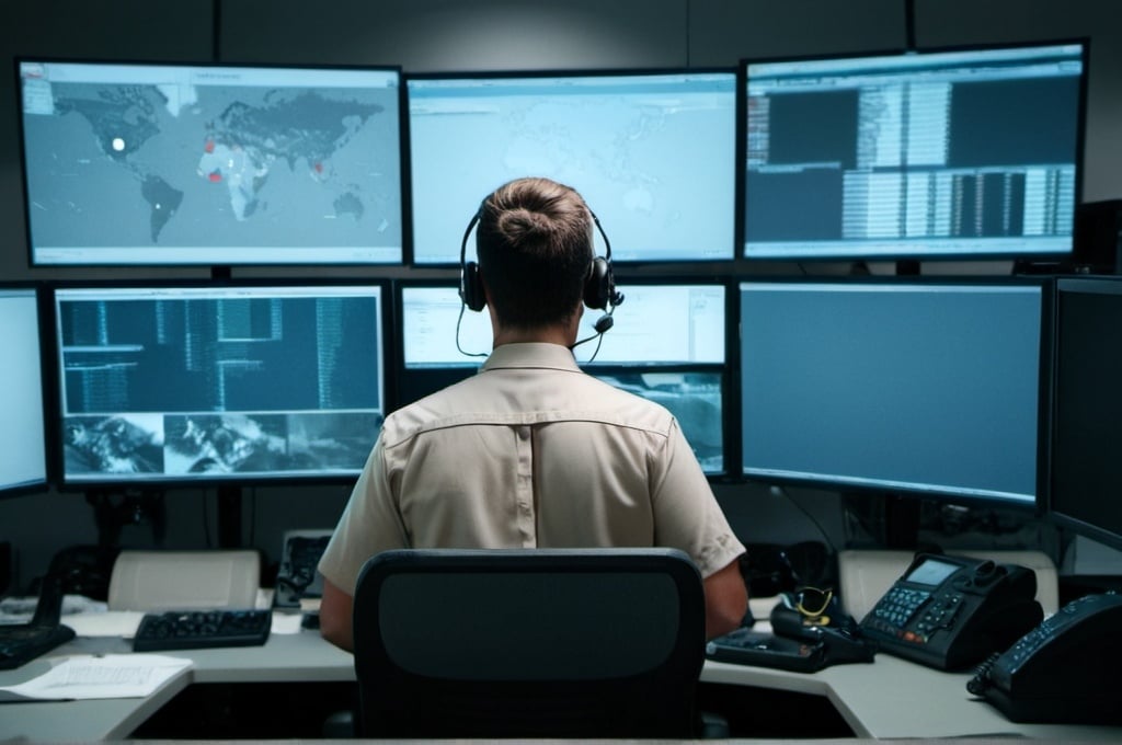 Prompt: Controlled Chaos, dispatcher with thier back to the camera at Emergency Response in a Modern 911 Call Center