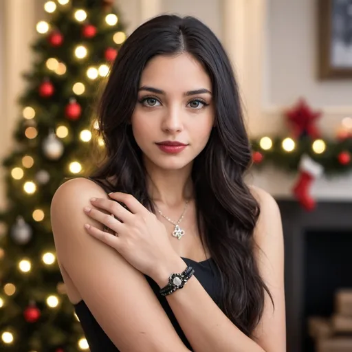 Prompt: 1girl, black border, black hair, blurry, blurry background, bokeh, bracelet, christmas tree, depth of field, jewelry, letterboxed, lips, long hair, looking at viewer, mole, photo \(medium\), realistic, ring, solo, standing, wedding band