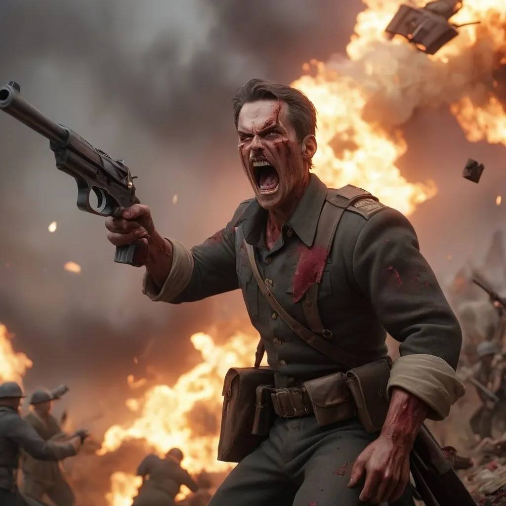 Prompt:  full-scale War raging, guns blazing. 100 people, half dead, half alive. Blood and death. ultra high quality, real life.