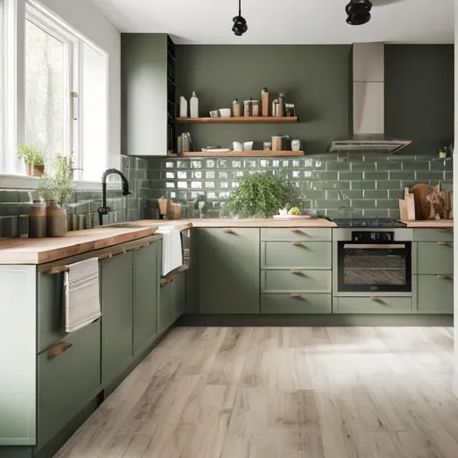 Prompt: Realistic illustration of a Nordic kitchen, olive green subway tile backsplash, light brown kitchen cabinets, cozy kitchen interior, wooden countertops, natural lighting, high quality, realistic, Nordic style, green subway tile, light brown cabinets, cozy atmosphere, wooden countertops, natural light, detailed