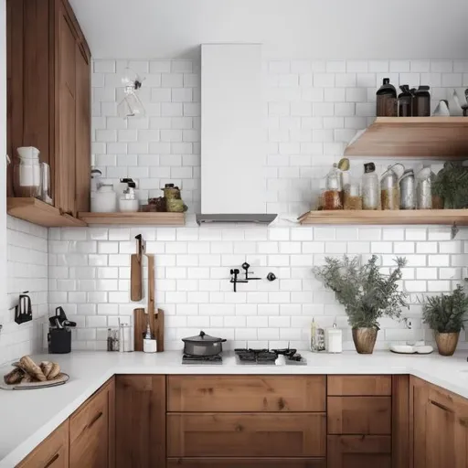 Prompt: Realistic illustration of a Nordic kitchen, white subway tile backsplash, light brown kitchen cabinets, cozy kitchen interior, wooden countertops, natural lighting, high quality, realistic, Nordic style, white subway tile, light brown cabinets, cozy atmosphere, wooden countertops, natural light, detailed