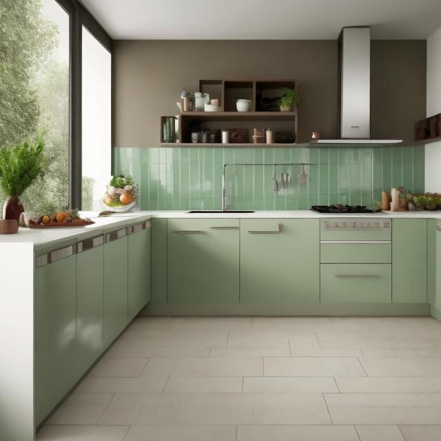 Prompt: cocina lineal contemporanea, alicatado en pared con ceramicos tipo metro color verde oliva, puertas de cocina color marron claro.