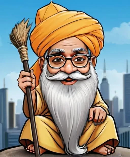 Prompt: Maulana fazlur rahman as a cartoon character sitting on a broom with city background 