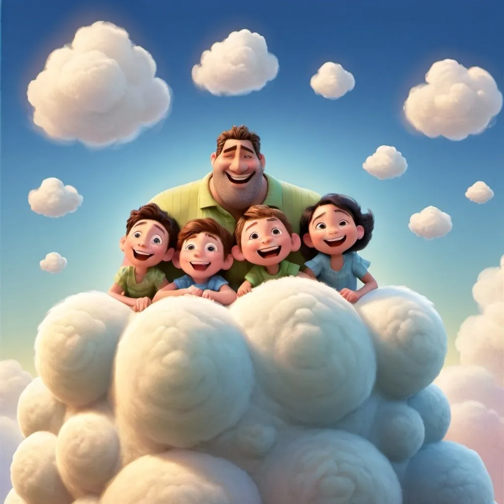 Prompt: Disney-style illustration for a children's book of one dad and kids lying down on a fluffy cloud in the sky and looking up and smiling


