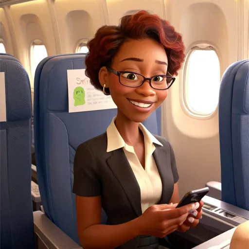 Prompt: Disney-style illustration for a children's book of a black business women in her 30's smiling and sending a text from her seat on an airplane



