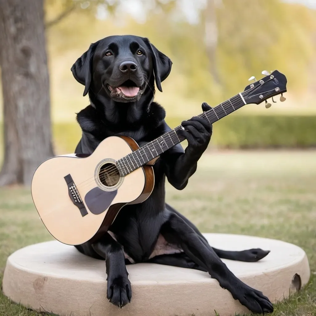 Prompt: a cute black lab dog is playing the guitar