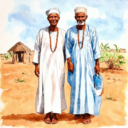 Prompt: A water colour painting of traditional Sudanese old couple dressed in traditional clothes 