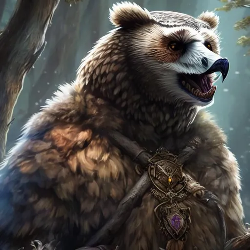 Prompt: dnd, bear with head of owl and feathers, 8k, hyper realistic